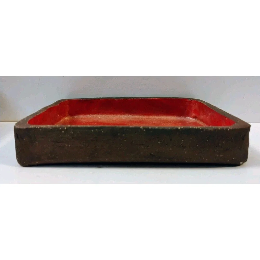 Vintage Studio Pottery Butter Dish Faux Bois Wood Bark Ceramic Covered Box Red